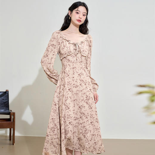 法式复古花边圆领碎花长袖连衣裙女秋季收腰A字裙子V0042756 商品图3