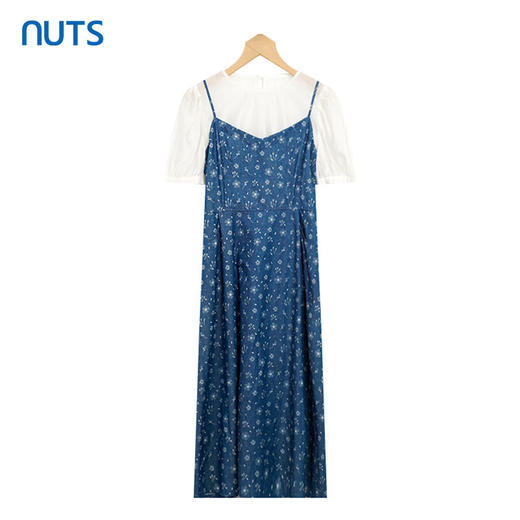NUTS夏日穿搭高级感法式蓝色碎花吊带连衣裙子套装女221107346 商品图0