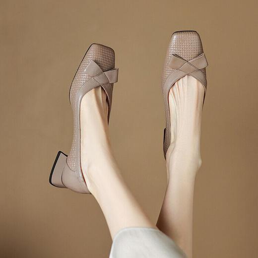 【预售5天】蝴蝶结方头粗跟高跟鞋，新款浅口中跟黑色单鞋LD&6850 商品图4