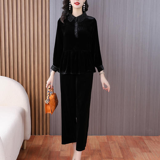 雀说丝绒复古气质上衣女时尚镂空翻领长袖洋气裤子套装AL5569 商品图2