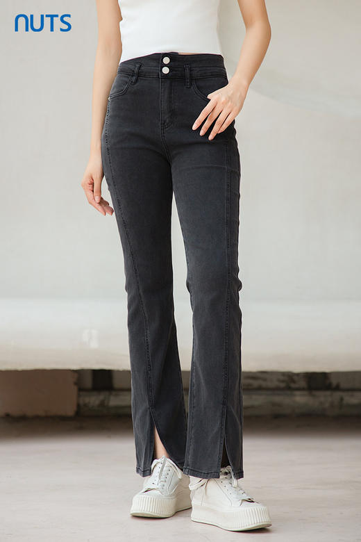 NUTS秋季新款黑色高腰显瘦开叉修身微喇牛仔裤女4321101A1 商品图5