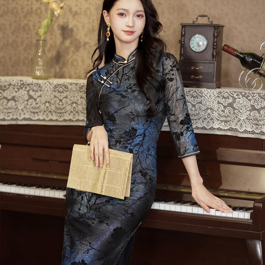 TQX171908 妈妈旗袍2024年新款中年夏复古民国风平时穿中长款高端墨绿色高级 商品图0