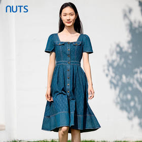 NUTS女装连衣裙夏季方领复古印花收腰显瘦牛仔短袖裙子423102260