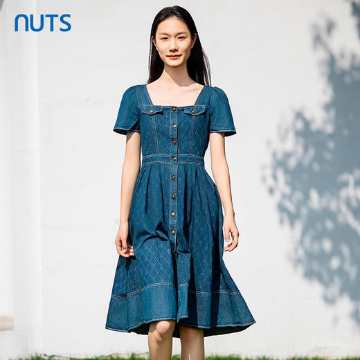 NUTS女装连衣裙夏季方领复古印花收腰显瘦牛仔短袖裙子423102260 商品图0