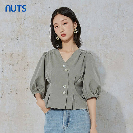 NUTS春秋季新款时尚气质通勤风百搭纯色短袖衬衫女231011108B 商品图0