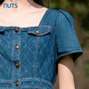NUTS女装连衣裙夏季方领复古印花收腰显瘦牛仔短袖裙子423102260 商品缩略图3