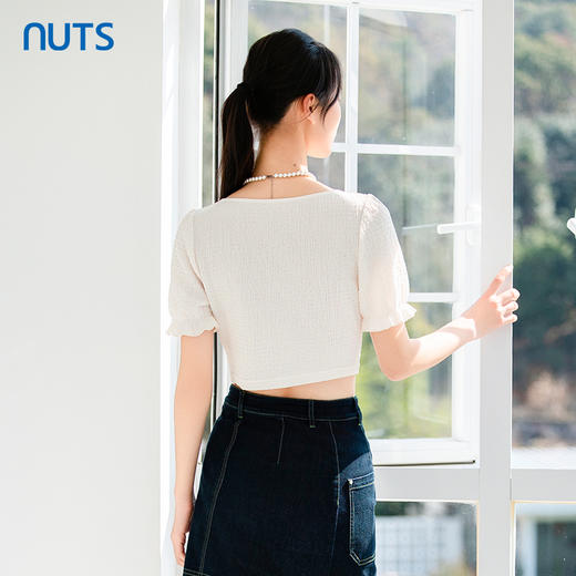 NUTS女短袖t恤夏薄款法式方领衬衫泡泡袖短款上衣423011192 商品图4