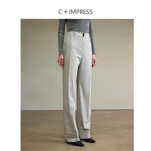 西嘉时髦松弛感JI简单排扣可脱卸腰带女绅士西装/翻边直筒裤套装 商品图6