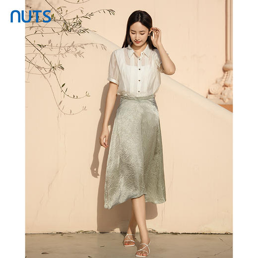 NUTS夏季新款醋酸烟绿色法式开叉半身裙女425061023 商品图4