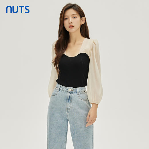 NUTS秋季新款时尚气质通勤风拼接设计感套头衫女331052225 商品图1