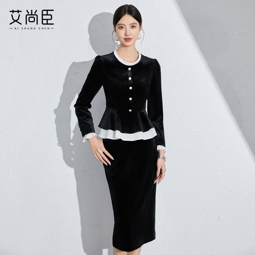 秋季时尚职业套装女装2024新款洋气黑色丝绒显瘦两件套御姐小香风 商品图0
