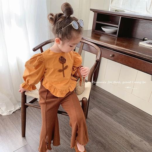 Ancorelala秋季新款女童时尚花朵木耳边上衣开叉喇叭裤两件套 商品图3