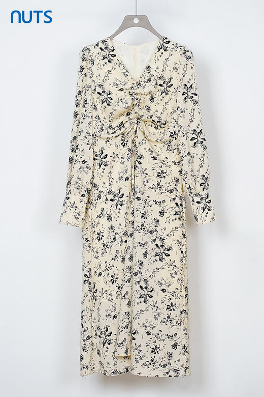 NUTS秋季新款法式V领抽褶宽松设计感气质长袖碎花连衣裙334102372 商品图5