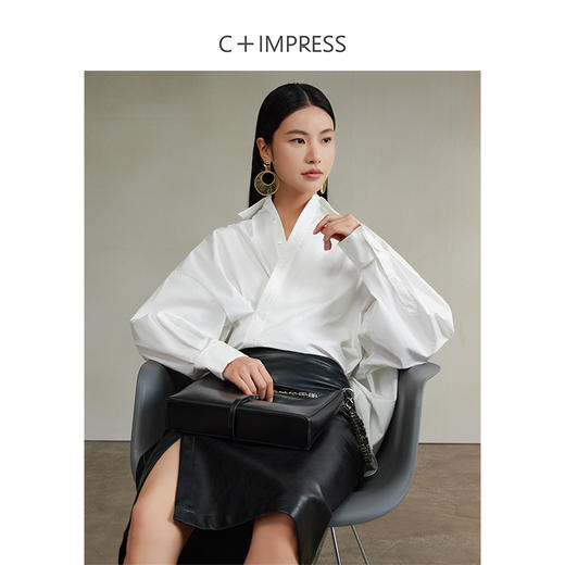 西嘉120支优质长绒棉建筑解构交叠斜襟设计感简约随性女神衬衫CS2403015 商品图2