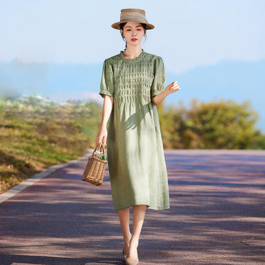 HM-S437春夏新款高端亚麻连衣裙中袖圆领木耳边温柔风琴褶文艺A字裙 商品图0