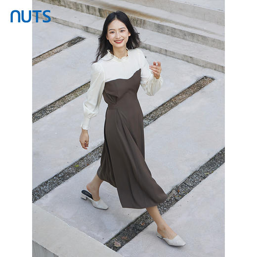NUTS秋季新款2023时尚气质拼接设计收腰显瘦长袖连衣裙4351003A1 商品图2