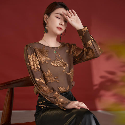 QS-12498178早秋真丝剪花圆领小衫高级感100%桑蚕丝大码长袖T恤打底衫女8178 商品图2