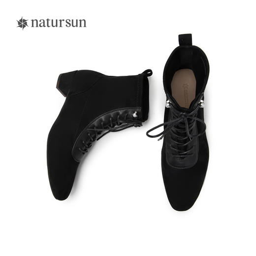 natursun绒面时装靴秋冬季简约绑带百搭不累脚粗跟靴子女N24529109 商品图3