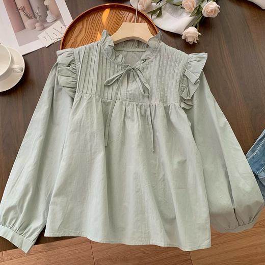 【法式褶皱系带立领长袖衬衫】春秋季 设计感小众宽松荷叶边娃娃衫上衣 商品图1