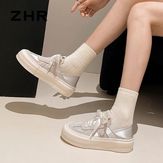 ZHR则则透气德训鞋女厚底小白鞋女拼接系带休闲板鞋子女2024新款 商品图3
