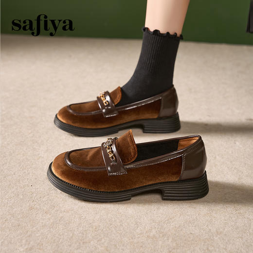 Safiya/索菲娅2024秋学院风复古丝绒玫瑰扣百搭圆头低跟乐福鞋 SF43112150 商品图2