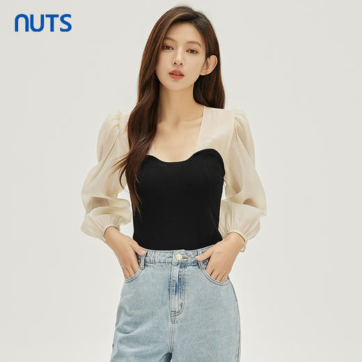 NUTS秋季新款时尚气质通勤风拼接设计感套头衫女331052225 商品图3