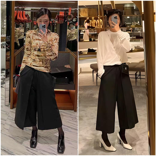 HIDEMI 【当当同款】极简显瘦手工边中高腰立体翻折设计感七分阔腿裤 深灰色/黑色/橄榄棕/奶油米白 商品图3