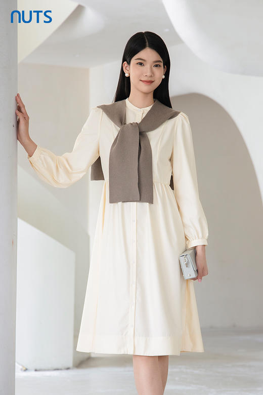 NUTS2023秋季新款气质宽松显瘦长袖连衣裙女 赠送披肩4391012A1 商品图5