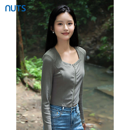 NUTS春秋季新款时尚气质拉链方领长袖T恤女4310203A1 商品图1