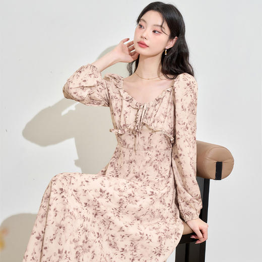 法式复古花边圆领碎花长袖连衣裙女秋季收腰A字裙子V0042756 商品图2