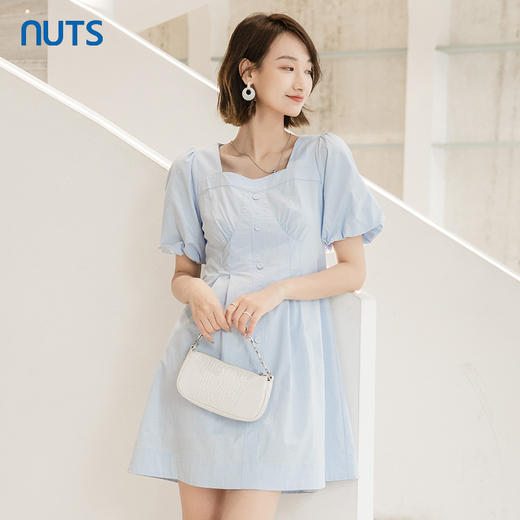 NUTS女装连衣裙夏季新款方领泡泡袖收腰显瘦短款裙子221101208 商品图2