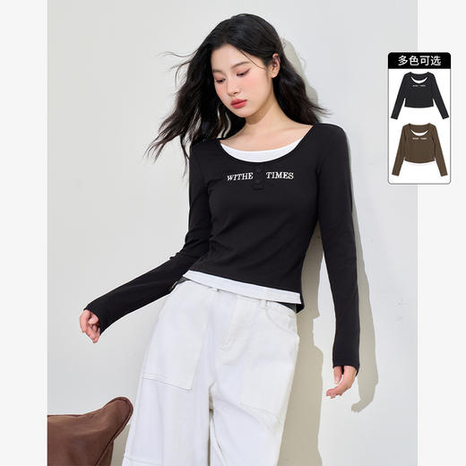 时尚字母印花假两件圆领长袖T恤女早春撞色收腰上衣V0042745 商品图0