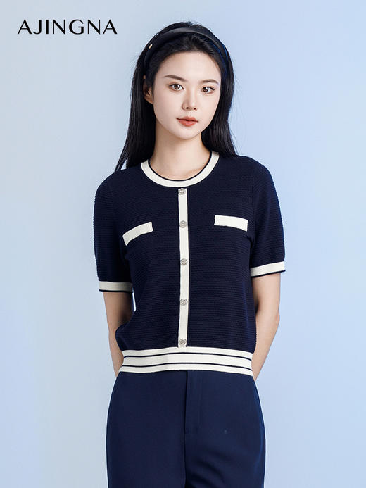 【商场同款】阿菁娜2024秋季新款撞色圆领套头针织衫A29Q301058 商品图2