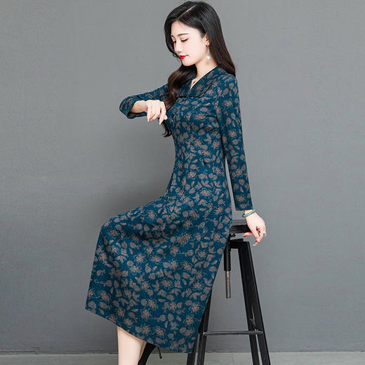 时尚气质连衣裙，翻领印花裙,中长款A字裙QYM-KED-H1318-Y 商品图1