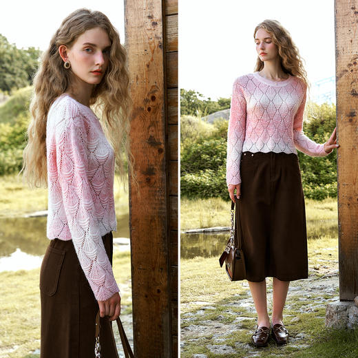 
OLrain欧芮儿渐变条纹镂空针织衫女秋2024新款慵懒长袖套头薄上衣 商品图1