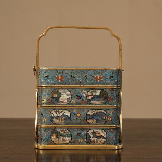 清 铜胎掐丝珐琅花鸟纹三撞提梁盒 商品图0