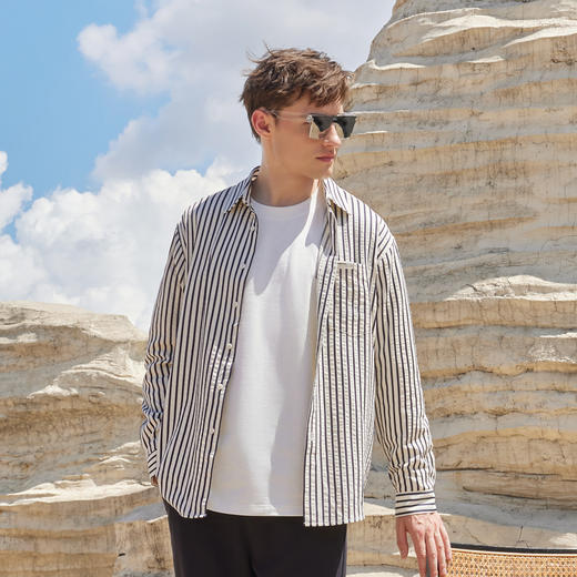半身缘男装 秋季泡泡工艺色织条纹休闲长袖衬衫243112U01012901 商品图0