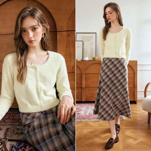 OLrain欧芮儿淡黄色针织衫女秋2024新款时尚简约圆领开衫短款上衣 商品图1