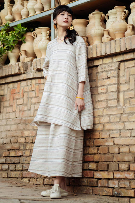 绽放旅行女装537朵/高端亚麻系带松紧腰手织提花粉条纹半身中长裙 商品图5