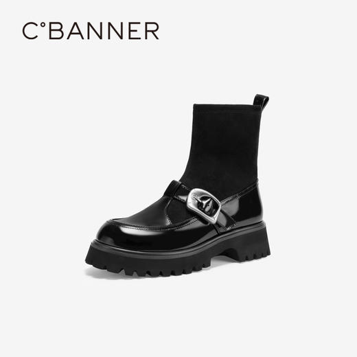 千百度厚底玛丽珍拼接弹力靴袜靴女冬季漆皮增高短靴子A24582808 商品图1