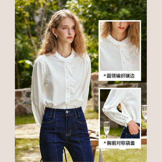 OLrain欧芮儿法式浪漫花边白色衬衫女秋季2024新款泡泡袖圆领上衣 商品图3