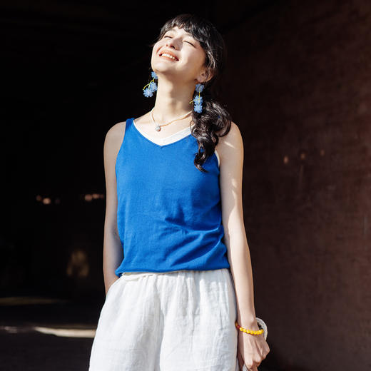 绽放旅行女装521朵/高端定制100%长绒棉宽松短款休闲毛织V领吊带 商品图0