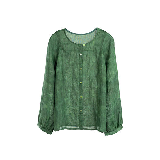 * 绽放旅行女装607朵/早秋新款双色苎麻炒色印花小衫玉石扣长袖衬衫 商品图4