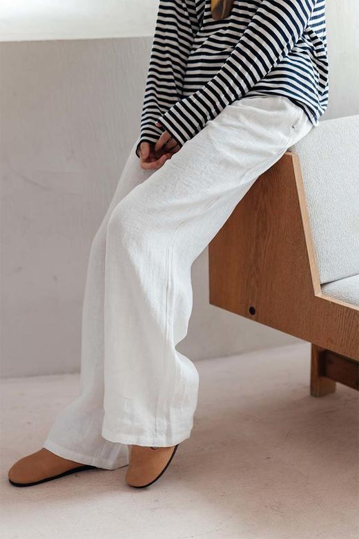 绽放旅行女装530朵/砂洗亚麻色织休闲裤松紧腰系带宽松拖地长裤子 商品图5