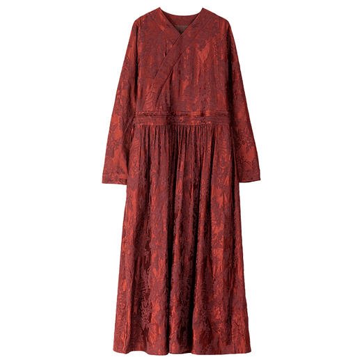 牧衣游原创提花丝麻连衣裙新款光泽丰盈红色V领禅意宽松长裙 芥拾 商品图4