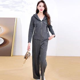 QYM 4905-L休闲运动套装连帽卫衣外套简约宽松两件套