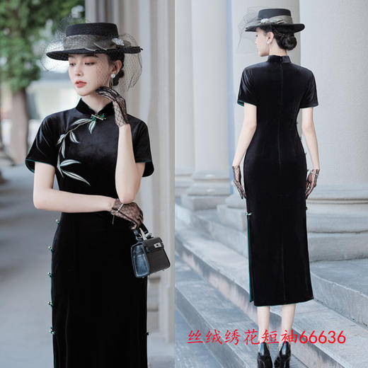复古国风丝绒绣花，长款短袖旗袍GX-66636 商品图3