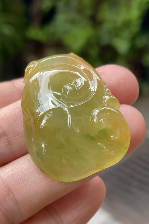 547175 翡翠冰黄翡如意吊坠 大件饱满，通透水润，玉质细腻，翠色鲜艳 裸石尺寸：34.6-26.1-9.1mm  超值价：63680 商品图0