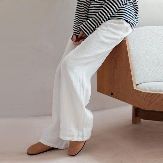 绽放旅行女装530朵/砂洗亚麻色织休闲裤松紧腰系带宽松拖地长裤子 商品图0