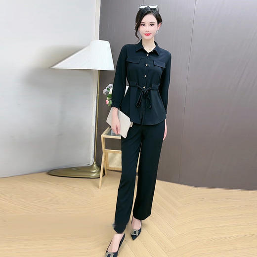 系带松紧腰长袖时尚小衫，简约休闲阔腿裤气质两件套QYM-XQD-65C5801-L 商品图3